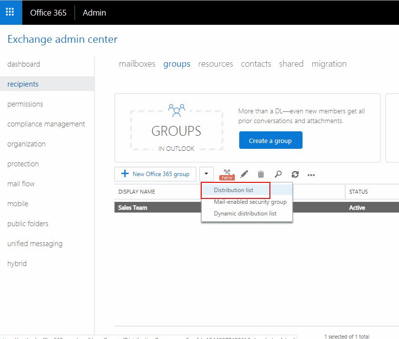 add distribution list in Office 365